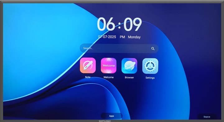Smart Teach panel home screen with clock, search and app launcher